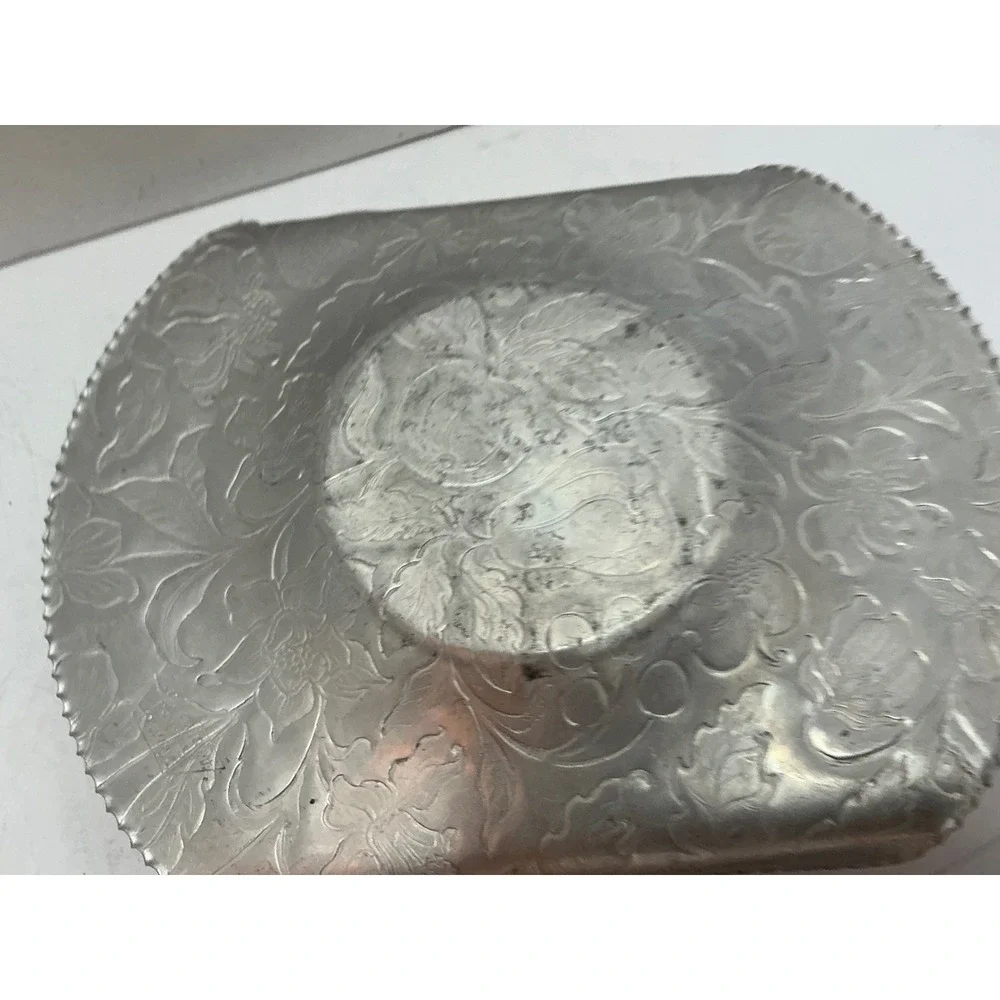 Vintage Aluminum Serving Set Floral Hammered Metal Trays Mid Century